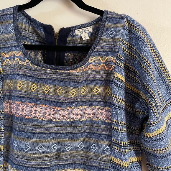 LUCKY BRAND Womens Chunky Tweed Boho Sweater Crochet Bottom Fray Blue Size L - Picture 4 of 12